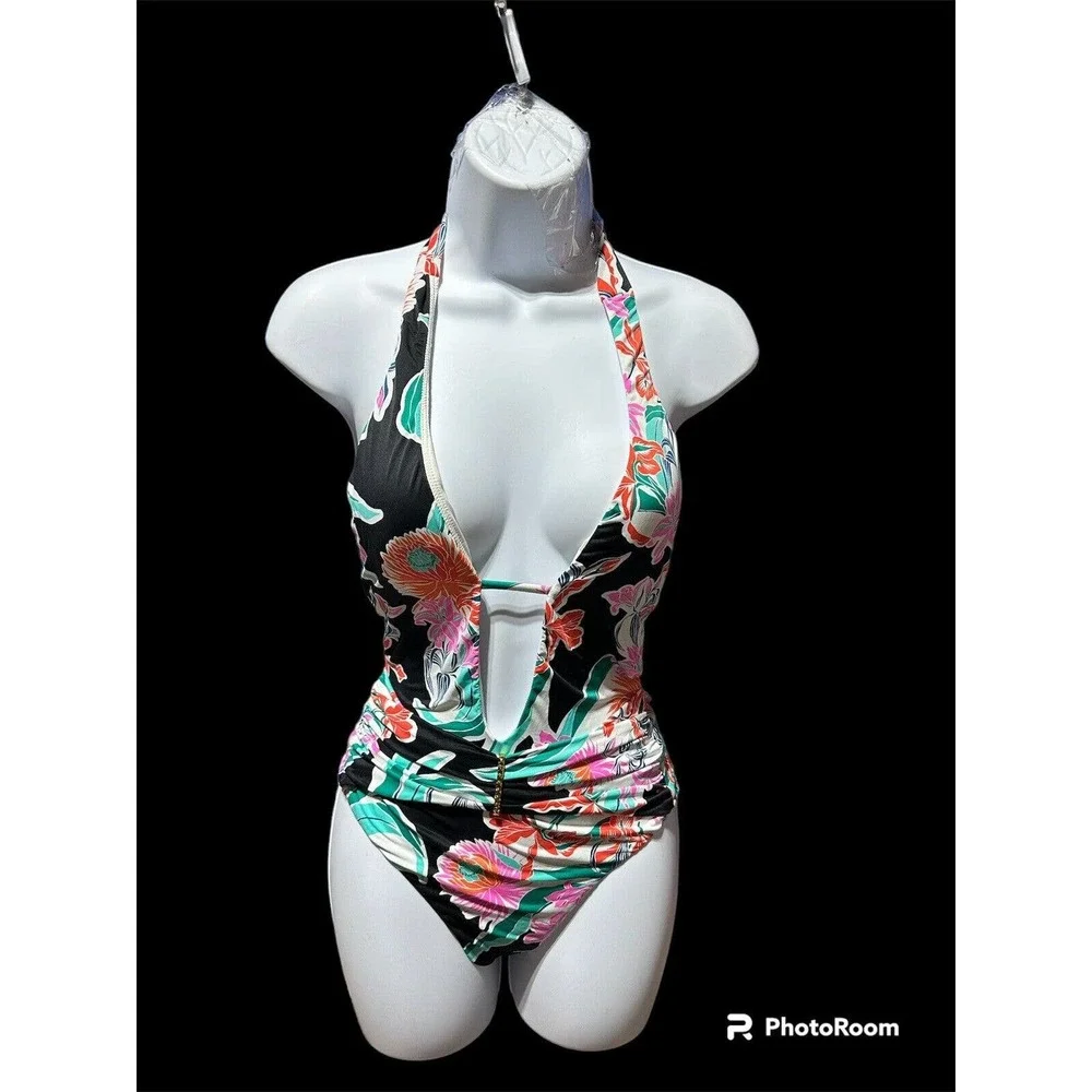 Trina Turk Tropical Wave Black Print Plunge One Piece Halter Swimsuit sz 2 - Picture 1 of 3